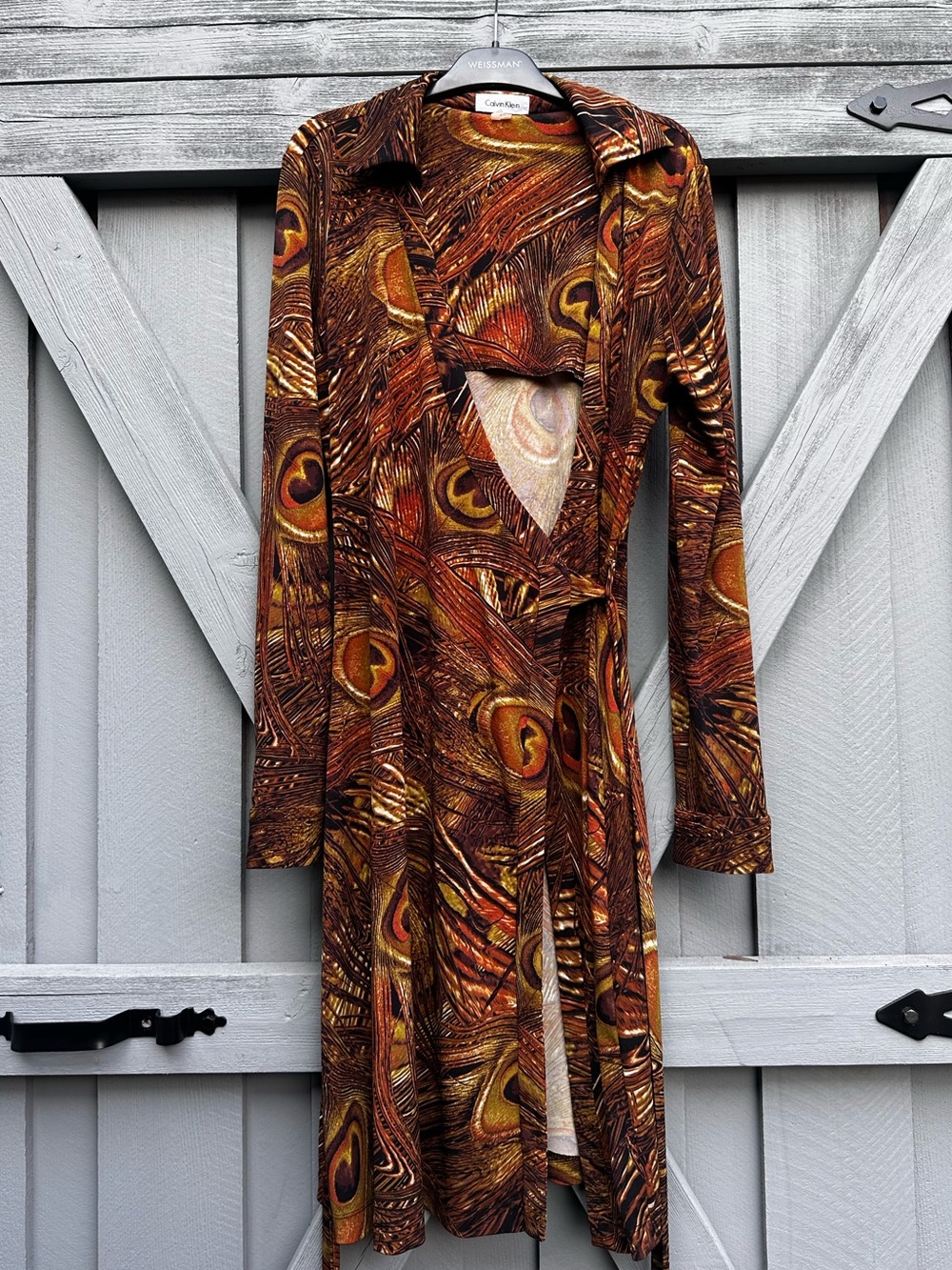 Calvin Klein Peacock Feather Faux Wrap Dress Size 8 Long Sleeve
